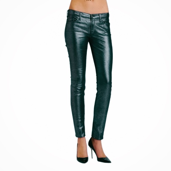 7 FOR ALL MANKIND Women Ankle Skinny Emerald Metallic Jeans Size 27 - Picture 1 of 11